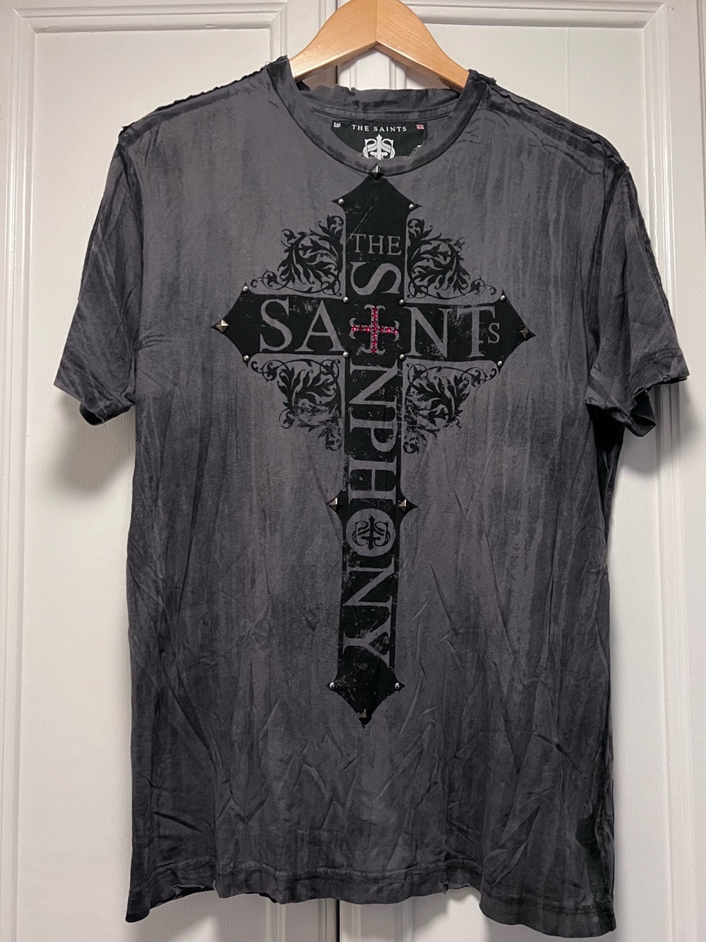 The Saints Sinphony Distressed Gray Cross Studs Studded 100% Cotton Shirt Large
